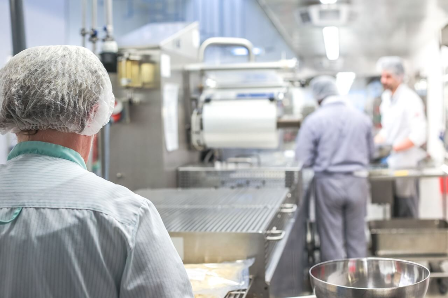 People in a commercial kitchen with hairnets